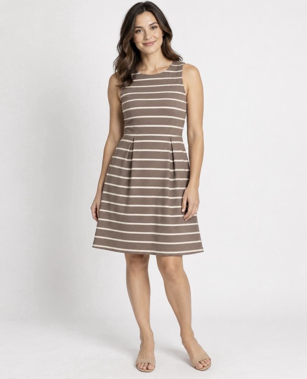 LOFT Women’s Size 6 Taupe Ivory Striped Fit & Flare Sleeveless Dress